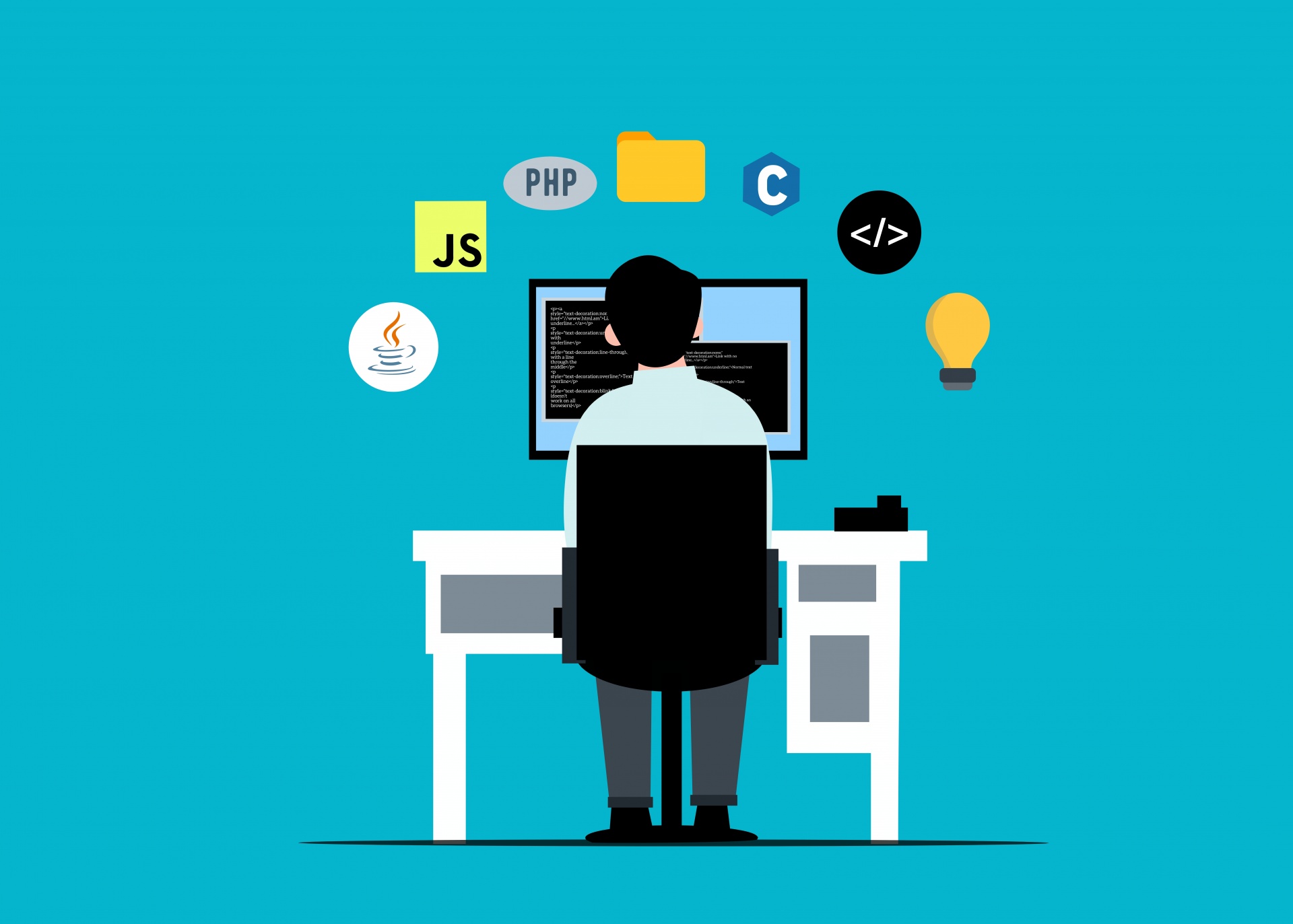 developer sitting at computer desk with programming icons above